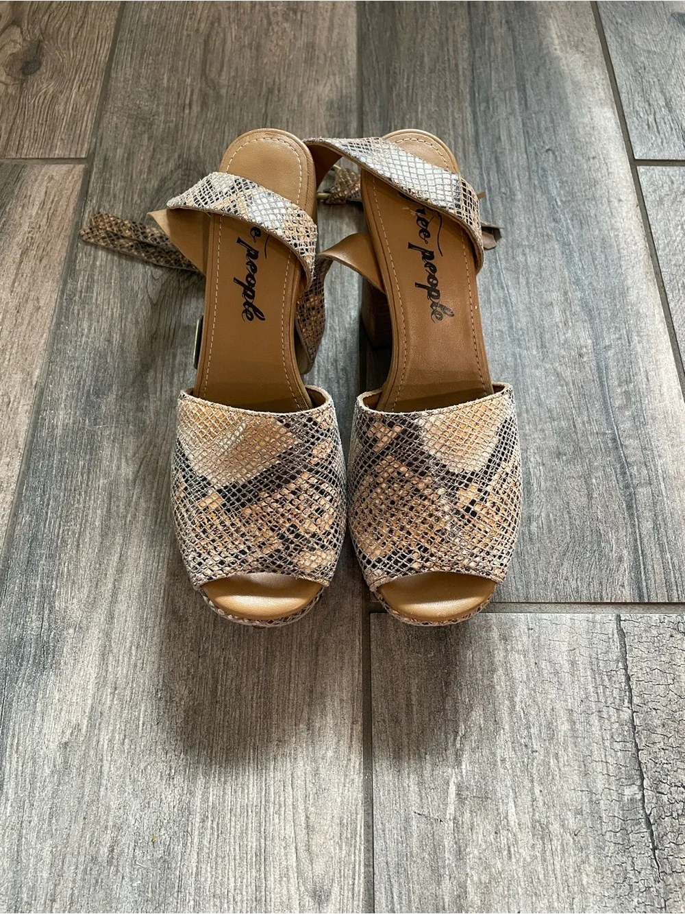 Free People Tan Snake-Print Block Heel Sandals